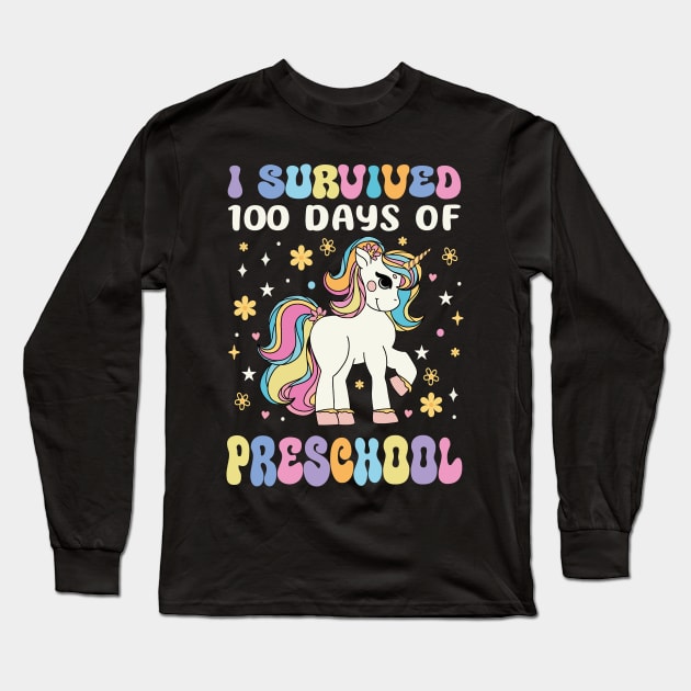 I Survived 100 Days of Preschool Groovy Unicorn Girl Teacher Long Sleeve T-Shirt by JUST PINK